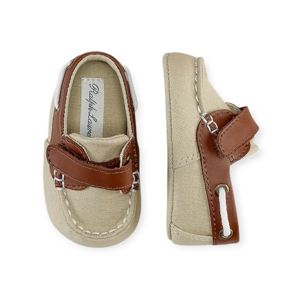 Ralph Lauren 𖦹 Sander EZ Baby Walker Boat Shoe 𖦹 Khaki Canvas Tan Leather 𖦹 2
